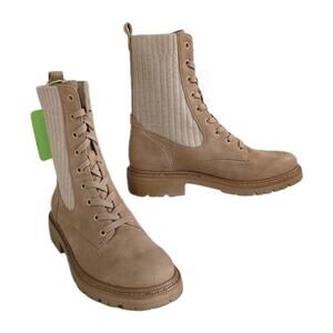 SAM EDELMAN Lydell Beige Suede Combat Boot Lace Up Ankle Knit Panel Women's 7.5